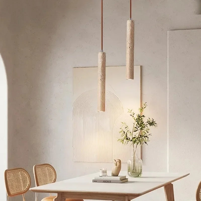 LuxRoyale Marbled Travertine Cylinder Pendant Light, Slim Wabi-Sabi Hanging Lamp