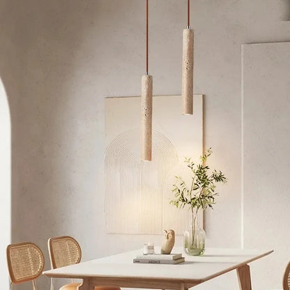 LuxRoyale Marbled Travertine Cylinder Pendant Light, Slim Wabi-Sabi Hanging Lamp