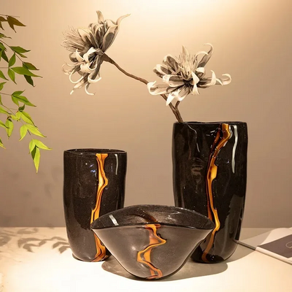 LuxRoyale Large Black Glass Flower Vase -  Handblown Decorative Centerpiece for Modern Home Decor