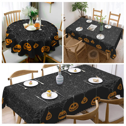 1 Piece, Round/Visect Polyester Tablecloth, Halloween Horror Atmosphere Printing, Pumpkin Head and Spider Web Pattern, Embossed Edge, for Home Kitchen, Living Room Dining Table Balcony Coffee Table, Holiday Holiday Table Decoration Tablecloth, Outdoo 1