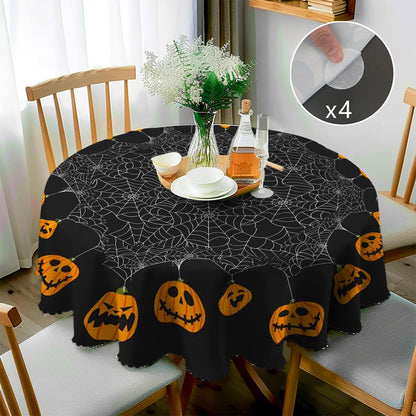1 Piece, Round/Visect Polyester Tablecloth, Halloween Horror Atmosphere Printing, Pumpkin Head and Spider Web Pattern, Embossed Edge, for Home Kitchen, Living Room Dining Table Balcony Coffee Table, Holiday Holiday Table Decoration Tablecloth, Outdoo 0