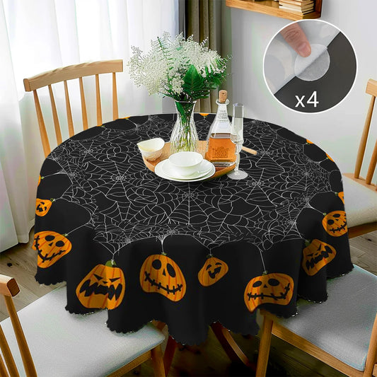 1 Piece, Round/Visect Polyester Tablecloth, Halloween Horror Atmosphere Printing, Pumpkin Head and Spider Web Pattern, Embossed Edge, for Home Kitchen, Living Room Dining Table Balcony Coffee Table, Holiday Holiday Table Decoration Tablecloth, Outdoo 0