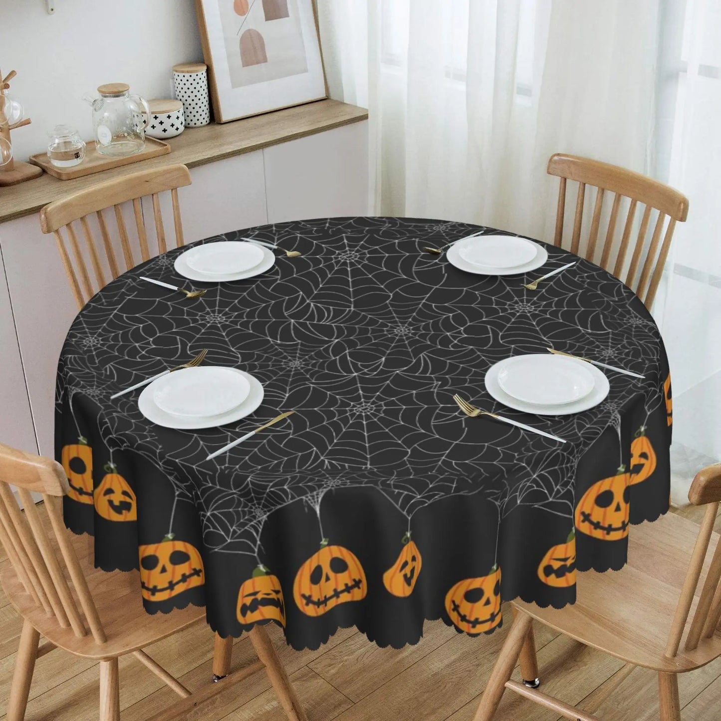 1 Piece, Round/Visect Polyester Tablecloth, Halloween Horror Atmosphere Printing, Pumpkin Head and Spider Web Pattern, Embossed Edge, for Home Kitchen, Living Room Dining Table Balcony Coffee Table, Holiday Holiday Table Decoration Tablecloth, Outdoo 2