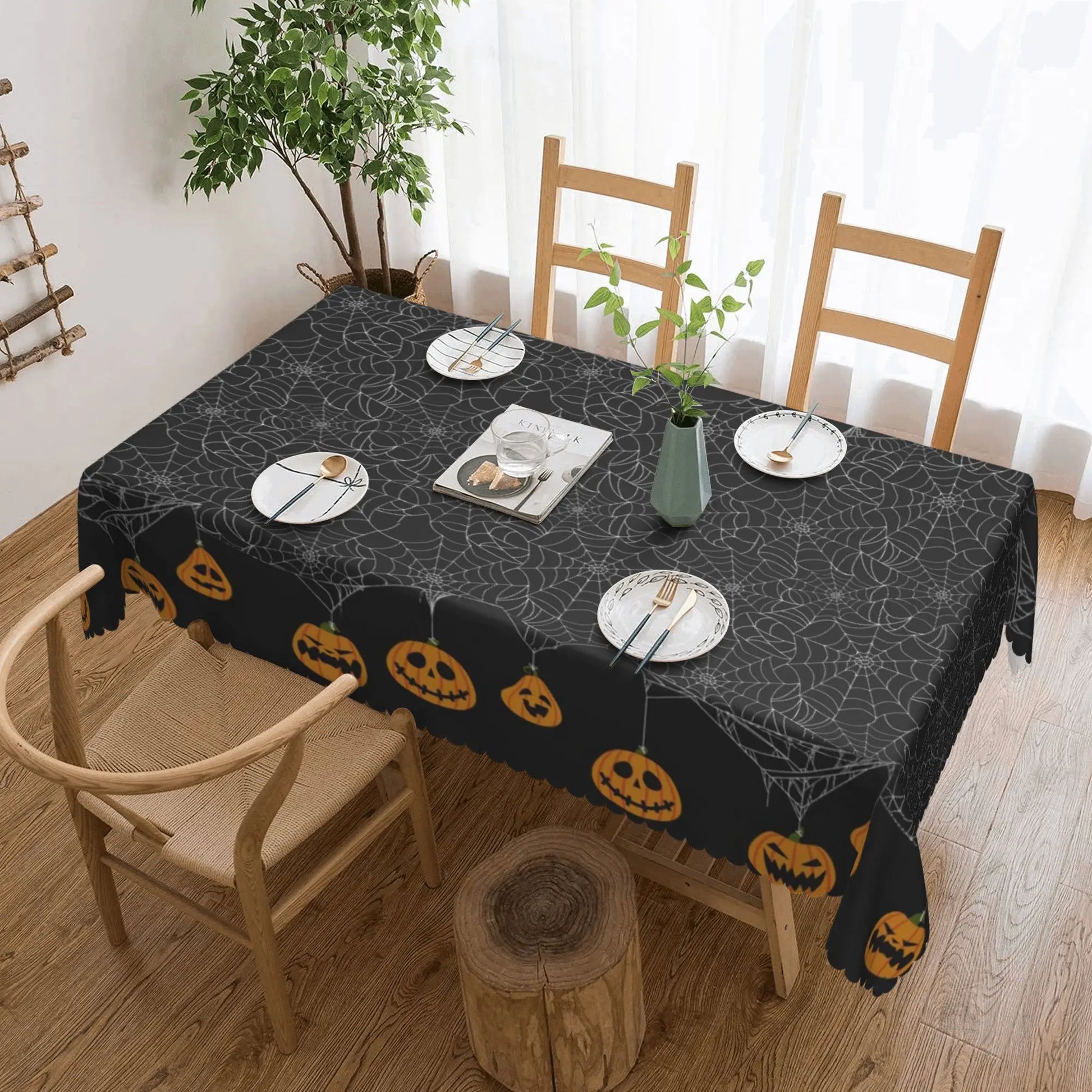 1 Piece, Round/Visect Polyester Tablecloth, Halloween Horror Atmosphere Printing, Pumpkin Head and Spider Web Pattern, Embossed Edge, for Home Kitchen, Living Room Dining Table Balcony Coffee Table, Holiday Holiday Table Decoration Tablecloth, Outdoo 3