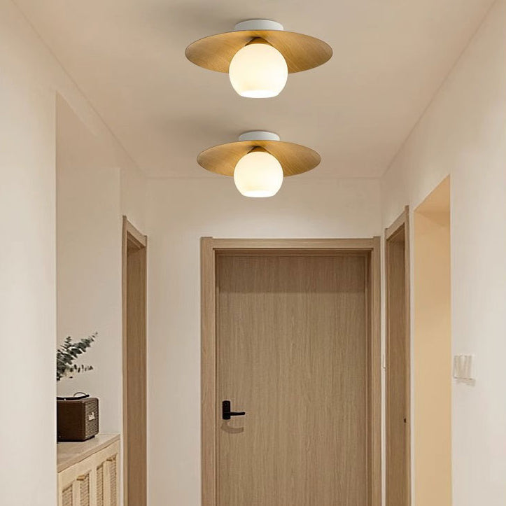 LuxRoyale Modern Wood Ceiling Light with White Globe Shade, Flush Mount Lamp
