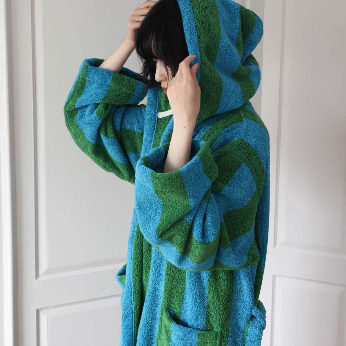 RoyaleGlow Organic Cotton Hooded Bathrobe Thick Striped Spa Robe