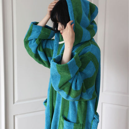 RoyaleGlow Organic Cotton Hooded Bathrobe Thick Striped Spa Robe