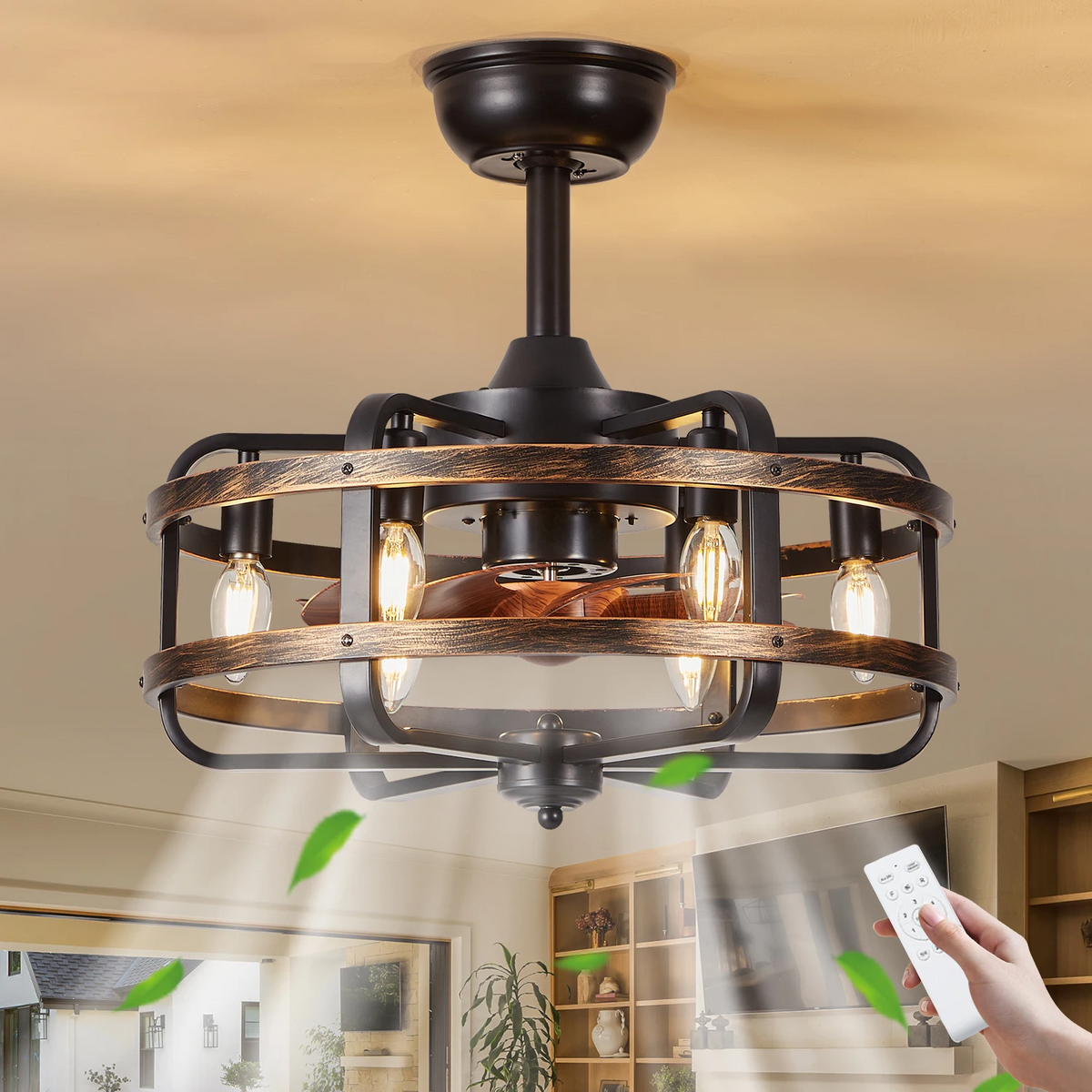Royelux Industrial Flush Mount Ceiling Fan With Lights And Remote Control - Rustic Walnut Finish