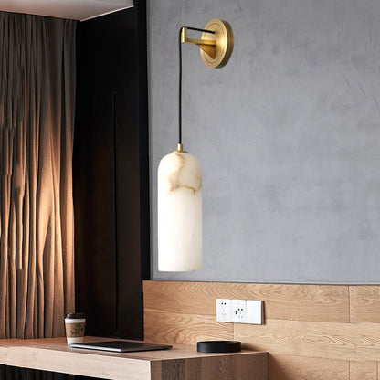 RoyaleGlow Modern Alabaster Wall Sconce - Brass LED Wall Light for Bedroom & Hallway