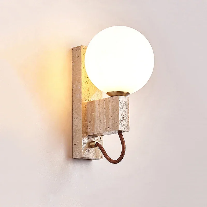 Royelux Natural Travertine Stone Globe Plug-In Wall Sconce Lighting Fixture