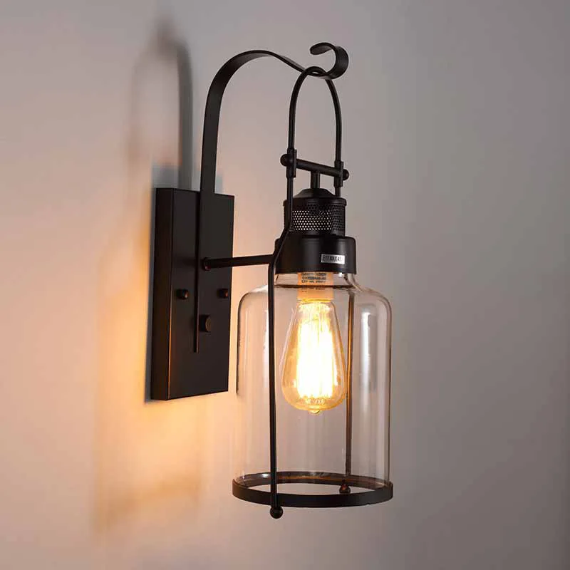RoyaleGlow Rustic Industrial Outdoor Wall Sconce - Metal & Clear Glass Jar Lantern