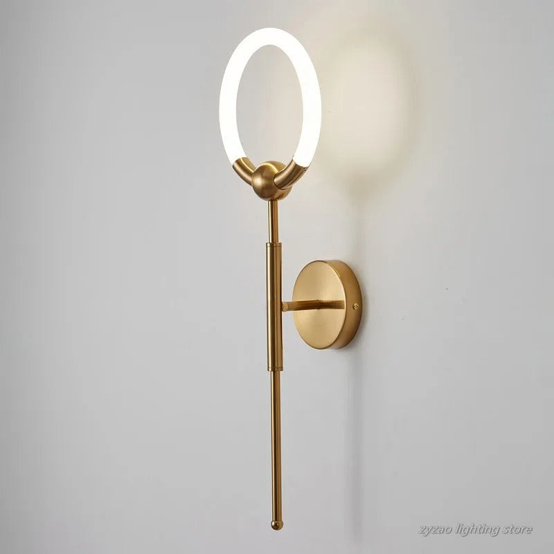 RoyaleGlow Modern LED Wall Sconce, Gold & Black Iron, Acrylic Circle Light for Bedroom