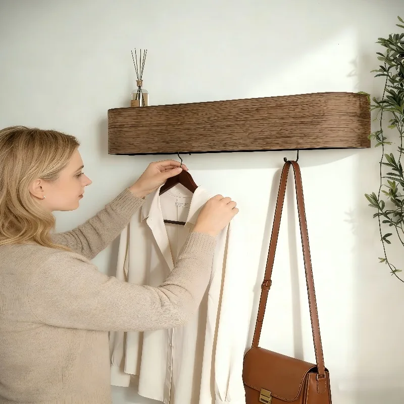 LuxRoyale Floating Oak Wall Shelf & Coat Rack with Concealed Hooks