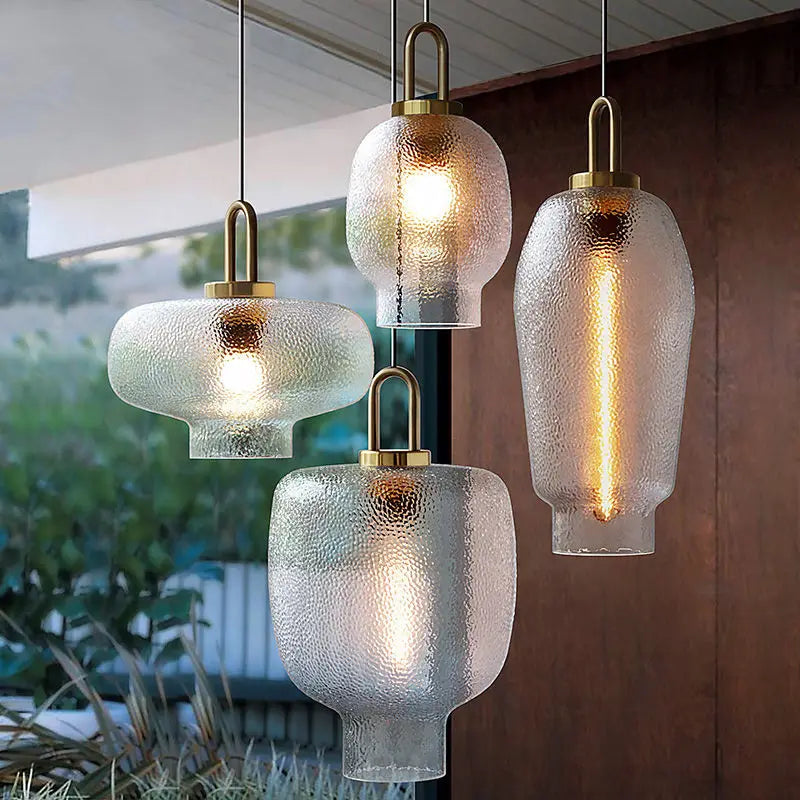 RoyaleGlow Mid-Century Textured Glass & Brass Pendant Light - Modern Ceiling Fixture