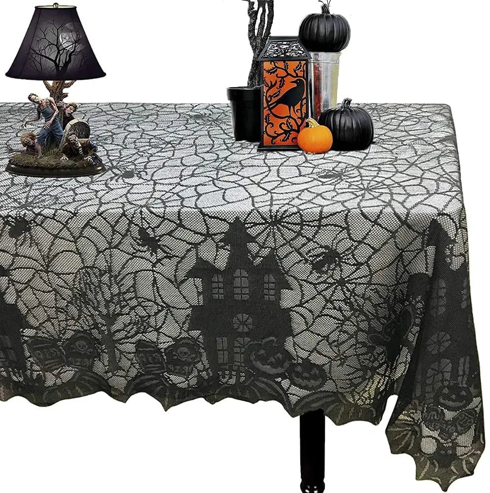 1 pcs of Halloween lace tablecloth spider web skull pattern rectangular shape for party decoration haunted house pumpkin design 0