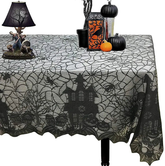 1 pcs of Halloween lace tablecloth spider web skull pattern rectangular shape for party decoration haunted house pumpkin design 0