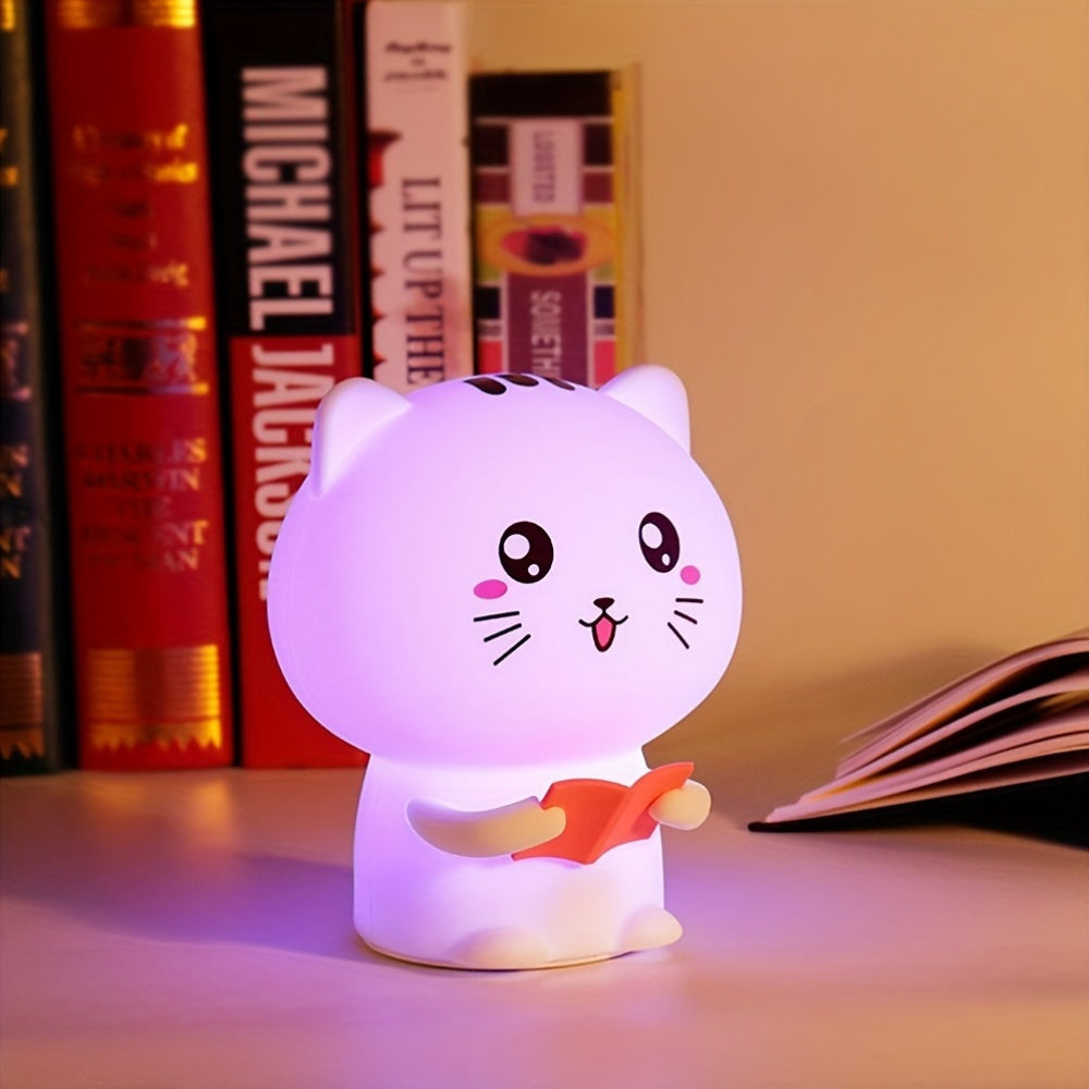 Kawaii Night Light - Cute Reading Kitty Silicone Lamp with 7 Color Changing Modes & USB Rechargeable Battery - Pink