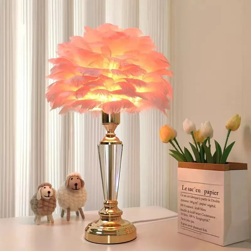 Crystal Desk Lamp LED Handmade Feather Desk Lamp - Nordic Bedroom Decor - Pink