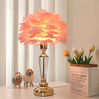 Crystal Desk Lamp LED Handmade Feather Desk Lamp - Nordic Bedroom Decor - Pink