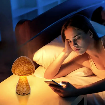 Wooden Mushroom Lamp - Portable LED Night Light with Touch Sensor and Dimmable Settings - Default Title