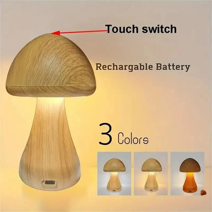Wooden Mushroom Lamp - Portable LED Night Light with Touch Sensor and Dimmable Settings - Default Title