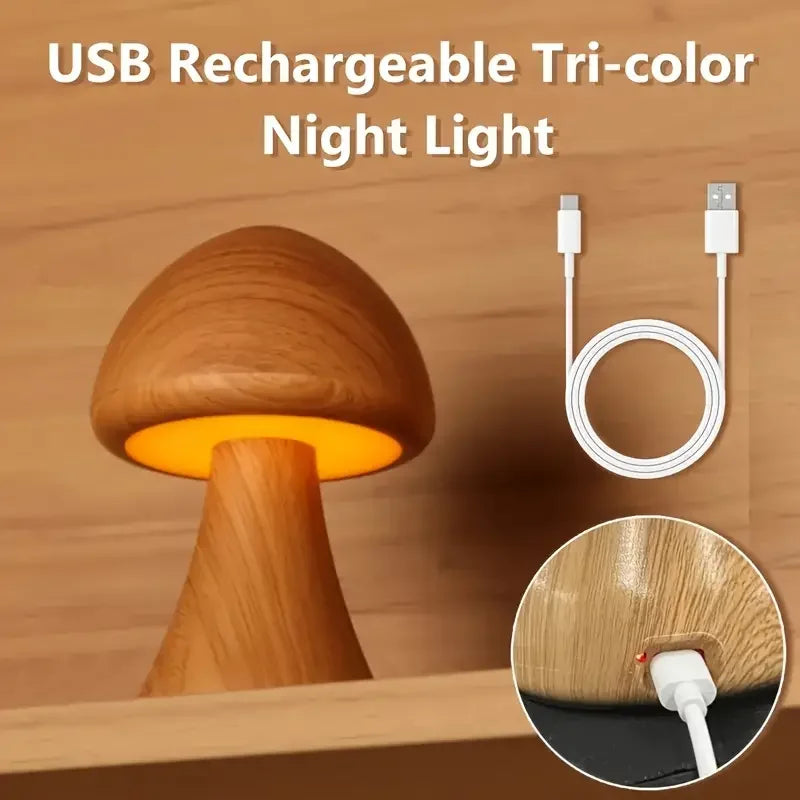 Wooden Mushroom Lamp - Portable LED Night Light with Touch Sensor and Dimmable Settings - Default Title