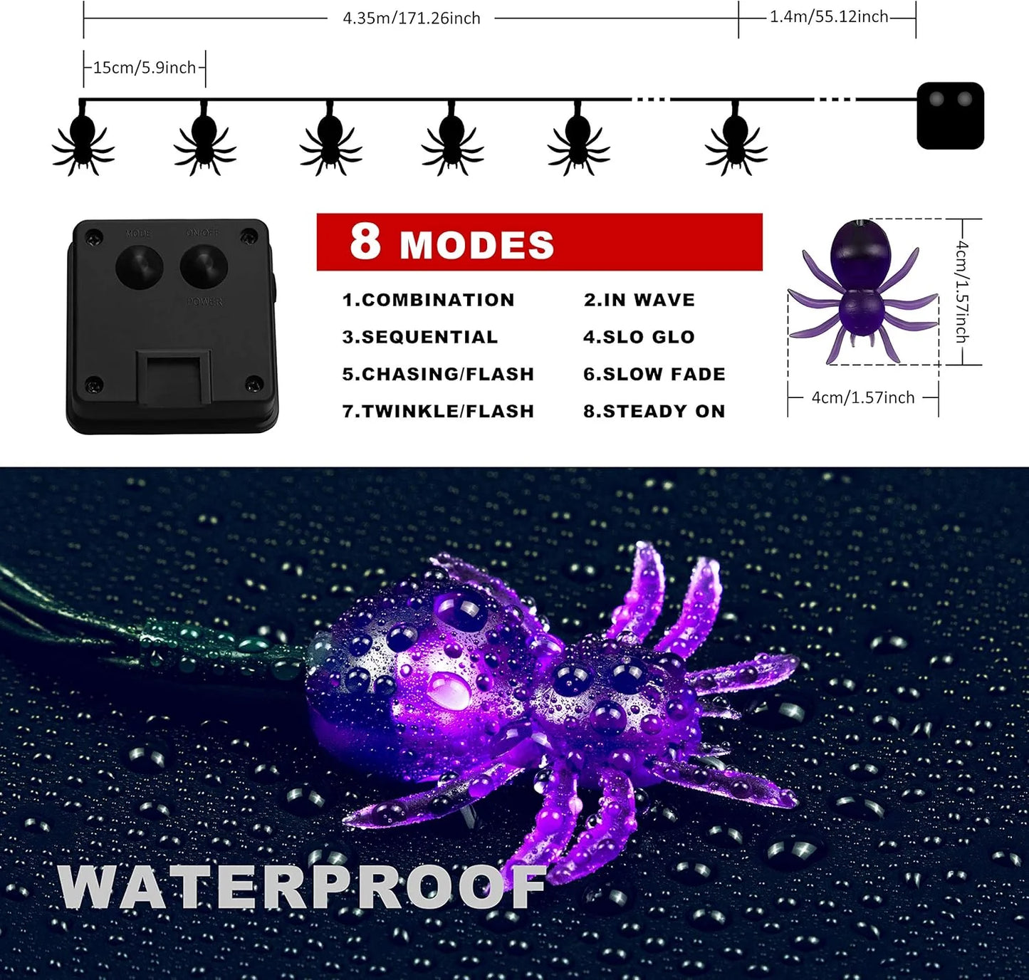 1pc 20/30 LED Halloween Spider Outdoor String Light With 8Lighting Modes Lamp Solar Powered For Home Garden Yard Halloween Decor 1
