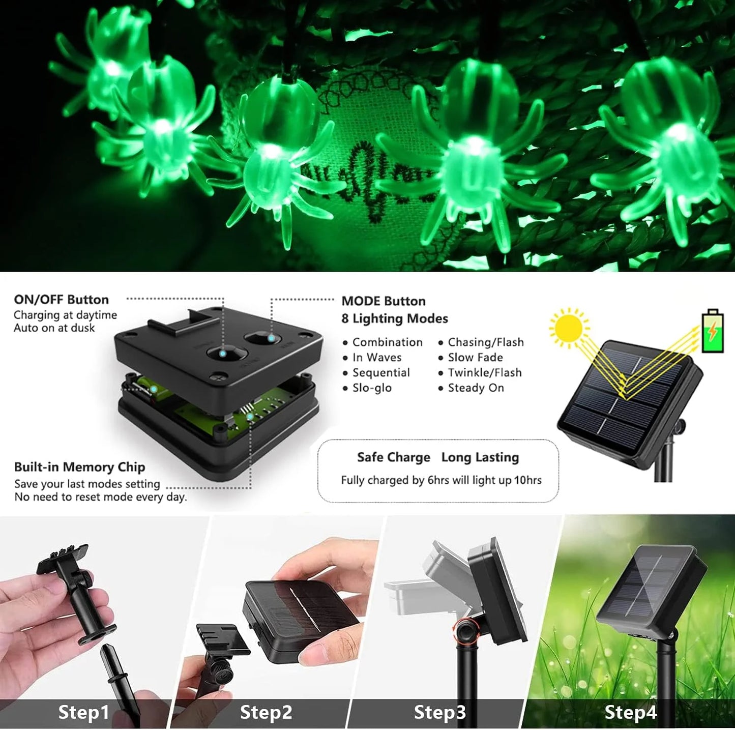 1pc 20/30 LED Halloween Spider Outdoor String Light With 8Lighting Modes Lamp Solar Powered For Home Garden Yard Halloween Decor 2