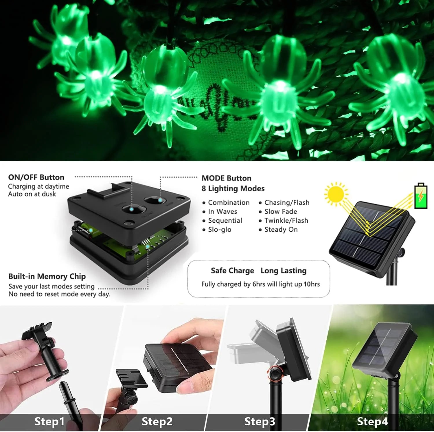 1pc 20/30 LED Halloween Spider Outdoor String Light With 8Lighting Modes Lamp Solar Powered For Home Garden Yard Halloween Decor 2