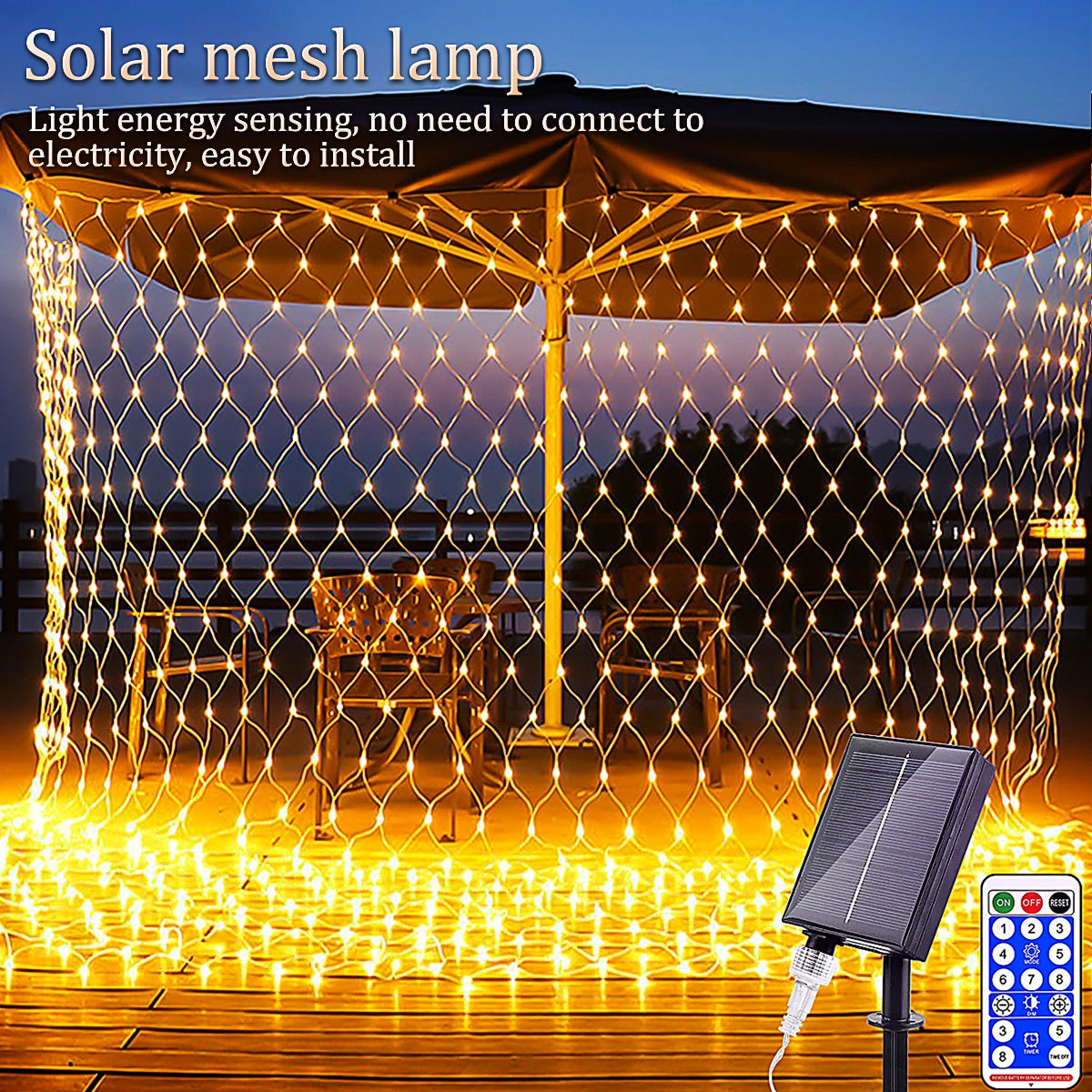 1pc Solar Net Lights Bush Net Lights Mesh Lights 8 Modes Remote Control Auto On/Off Outside Twinkle Lights For Patio Wall Roof 2