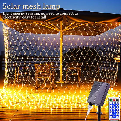 1pc Solar Net Lights Bush Net Lights Mesh Lights 8 Modes Remote Control Auto On/Off Outside Twinkle Lights For Patio Wall Roof 2