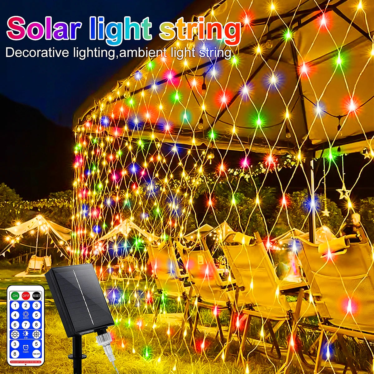1pc Solar Net Lights Bush Net Lights Mesh Lights 8 Modes Remote Control Auto On/Off Outside Twinkle Lights For Patio Wall Roof 8