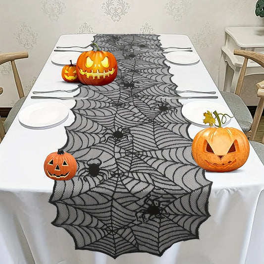 1pc, Table Runner, Black Lace Spider Web Table Runner, Polyester American Halloween Party Gift Home Dining Decor 0
