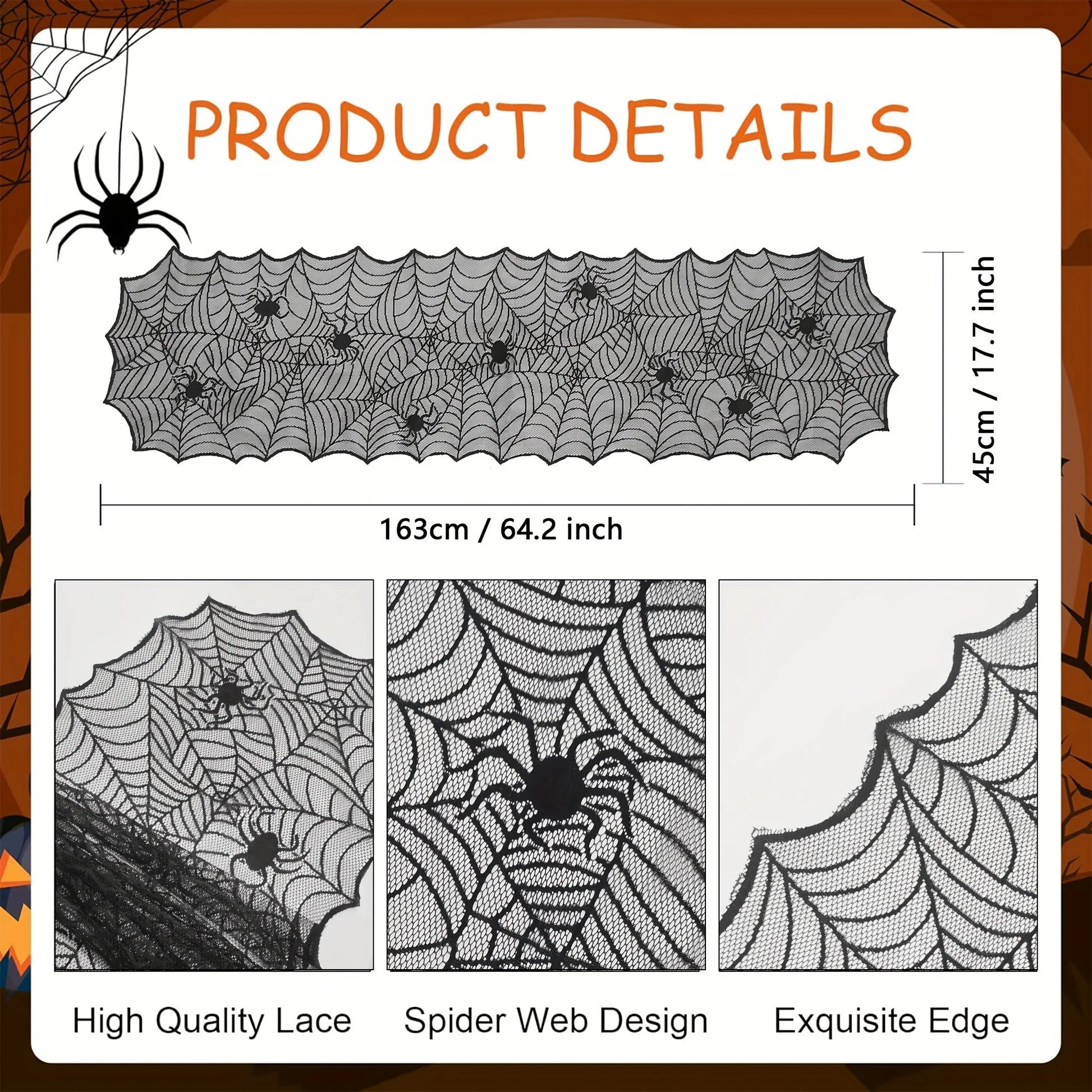 1pc, Table Runner, Black Lace Spider Web Table Runner, Polyester American Halloween Party Gift Home Dining Decor 4