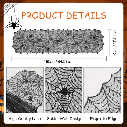 1pc, Table Runner, Black Lace Spider Web Table Runner, Polyester American Halloween Party Gift Home Dining Decor 4