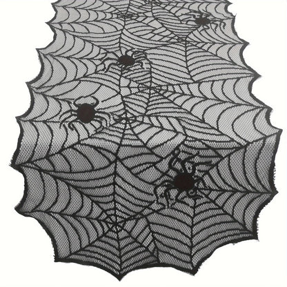 1pc, Table Runner, Black Lace Spider Web Table Runner, Polyester American Halloween Party Gift Home Dining Decor 5