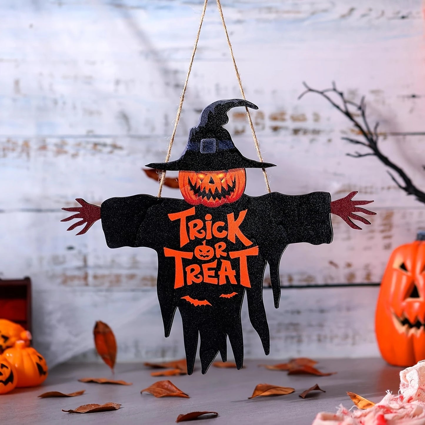 1pcs 2D Halloween Trick-or-Treat Wooden Sign Monster Face Pumpkin Design Rope Hanger Porch Wall or Halloween Garden Party Decora 0