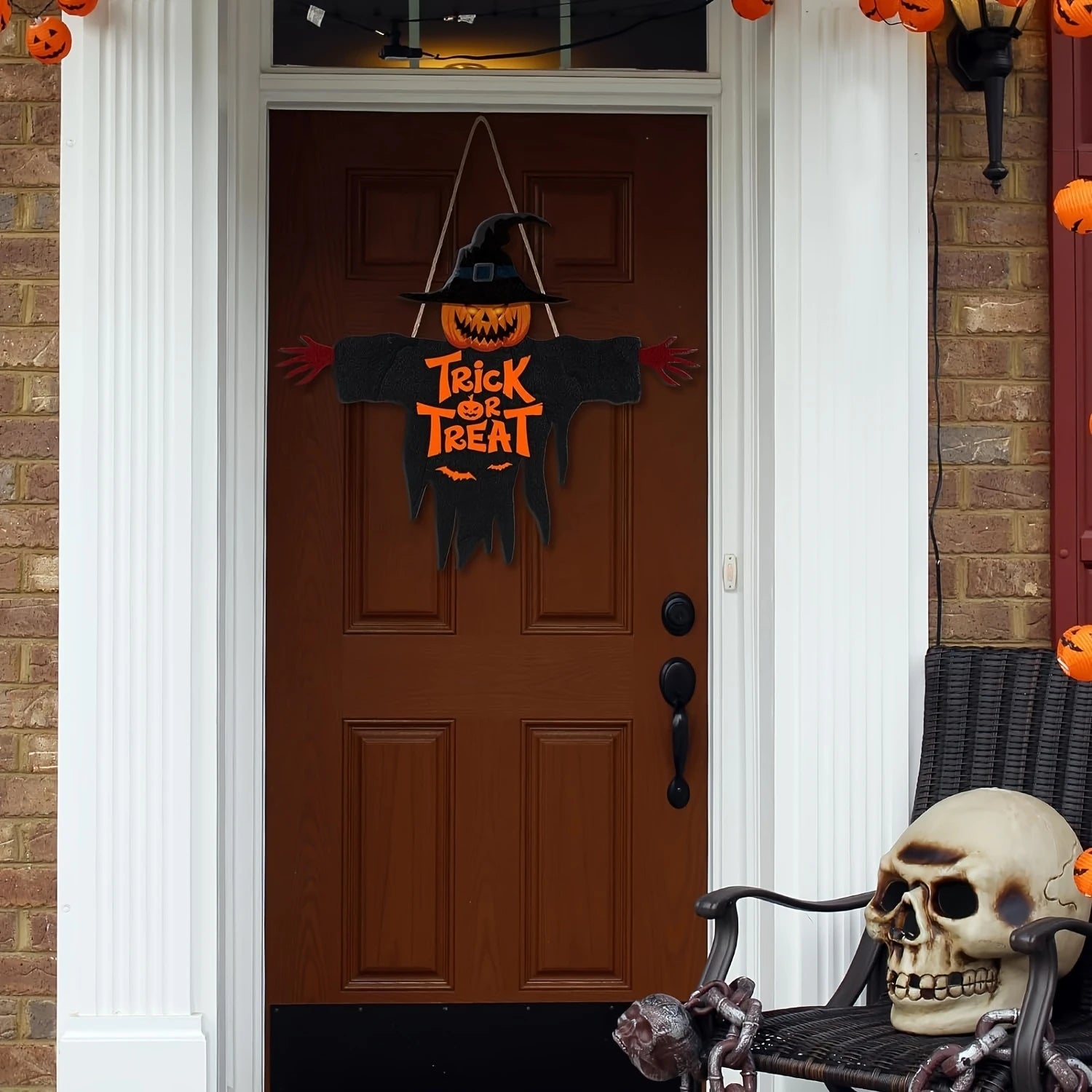 1pcs 2D Halloween Trick-or-Treat Wooden Sign Monster Face Pumpkin Design Rope Hanger Porch Wall or Halloween Garden Party Decora 1