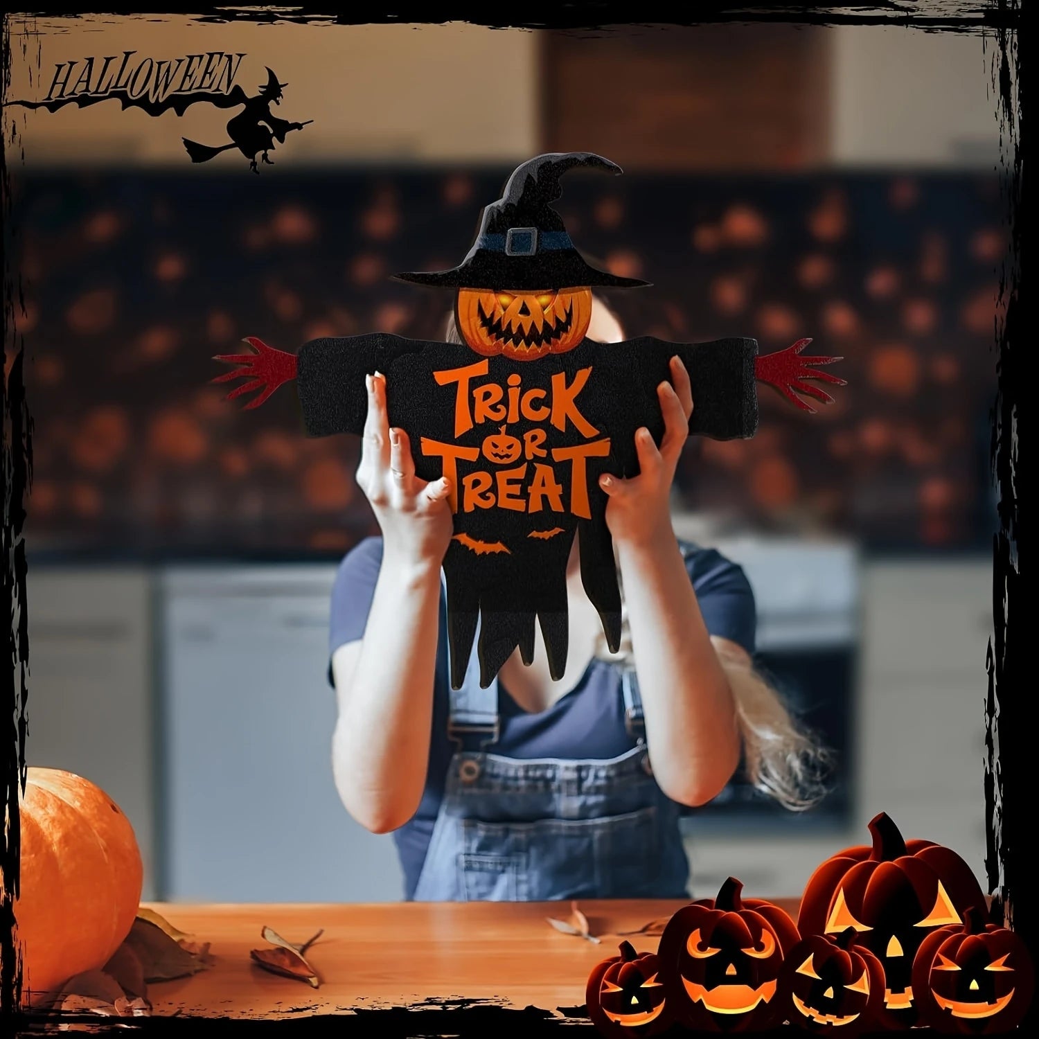 1pcs 2D Halloween Trick-or-Treat Wooden Sign Monster Face Pumpkin Design Rope Hanger Porch Wall or Halloween Garden Party Decora 2