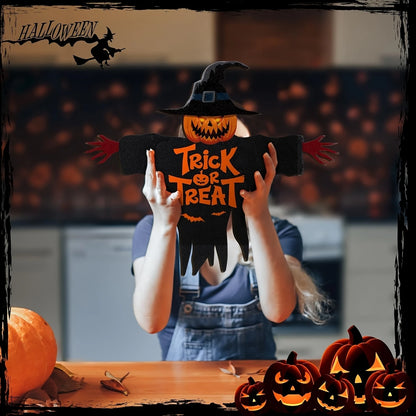 1pcs 2D Halloween Trick-or-Treat Wooden Sign Monster Face Pumpkin Design Rope Hanger Porch Wall or Halloween Garden Party Decora 2