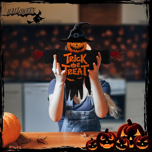 1pcs 2D Halloween Trick-or-Treat Wooden Sign Monster Face Pumpkin Design Rope Hanger Porch Wall or Halloween Garden Party Decora 2