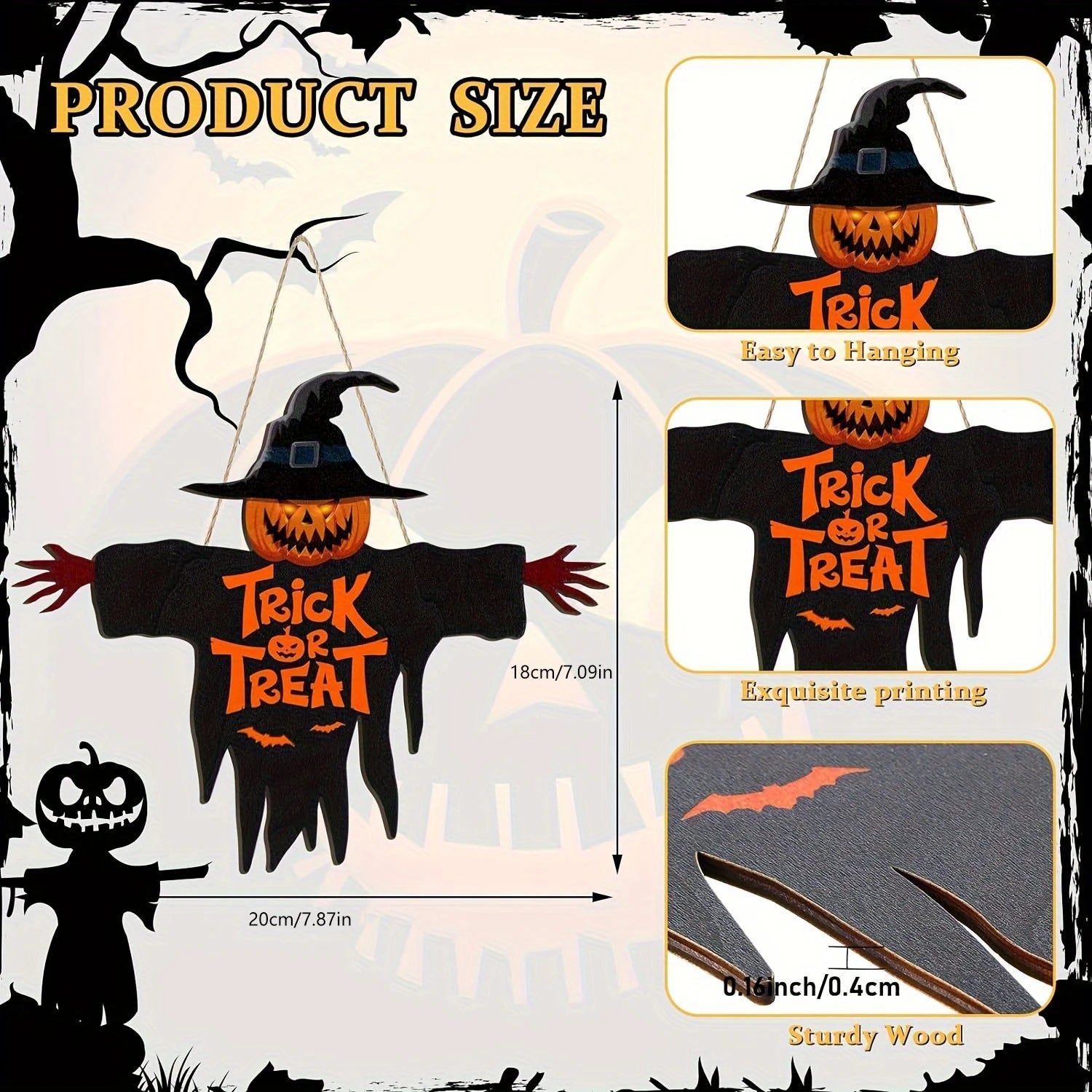 1pcs 2D Halloween Trick-or-Treat Wooden Sign Monster Face Pumpkin Design Rope Hanger Porch Wall or Halloween Garden Party Decora 3