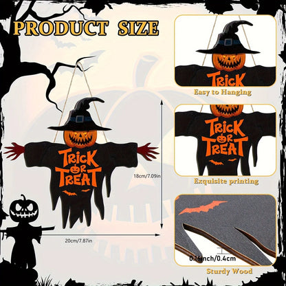 1pcs 2D Halloween Trick-or-Treat Wooden Sign Monster Face Pumpkin Design Rope Hanger Porch Wall or Halloween Garden Party Decora 3