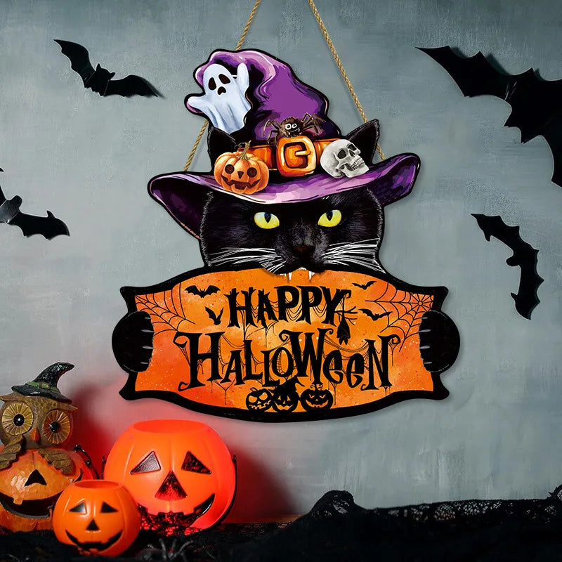 1pcs 2D Halloween Trick-or-Treat Wooden Sign Monster Face Pumpkin Design Rope Hanger Porch Wall or Halloween Garden Party Decora 5