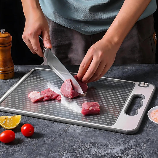 stainless steel cutting board with non-slip silicone edge double-sided scratch-resistant surface juice groove hygienic dishwasher safe chopping board for meat fruits and vegetables