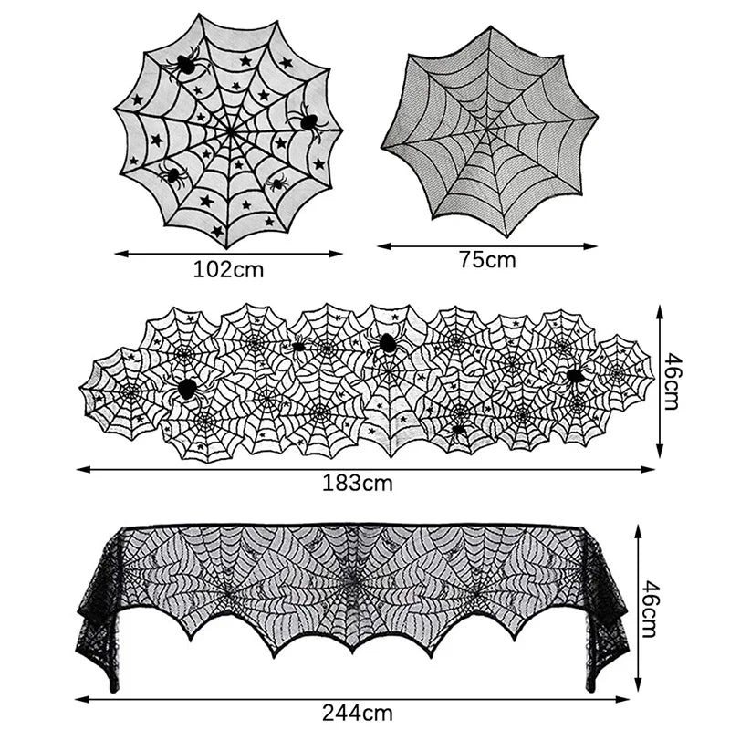 2025 Halloween Decoration Lace Spider Web Skeleton Skull Tablecloth Black Fireplace Mantel Scarf Event Party Supplies 5