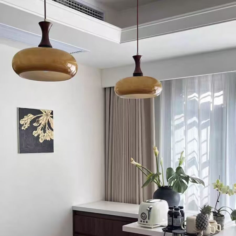 Rayvia Premium Amber Glass Pendant Light with Wood Accent for Living Dining Room.