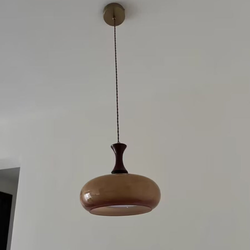 Rayvia Premium Amber Glass Pendant Light with Wood Accent for Living Dining Room.