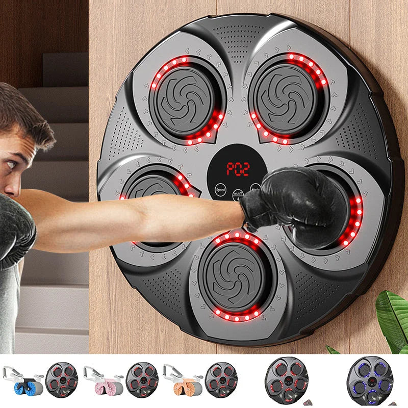 Wall-mounted music boxing machine with Bluetooth connectivity, adjustable speed, and interactive lighting modes. Ideal for stress relief, fitness training, and family fun. Easy installation with USB charging and durable leather design.