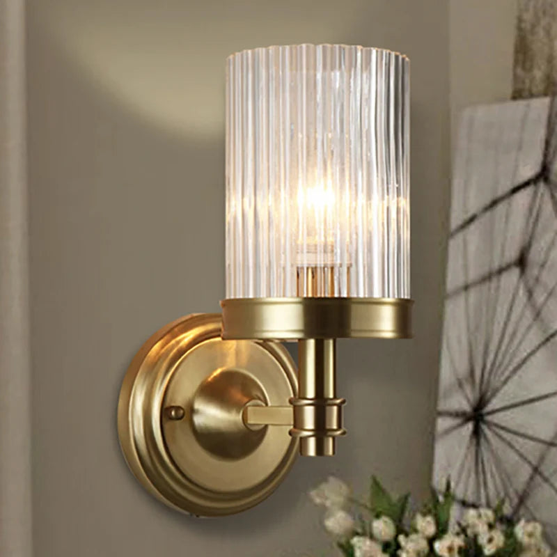 RoyaleGlow Ribbed Glass Wall Sconce - Vintage Brass Cylinder Wall Lamp Fixture